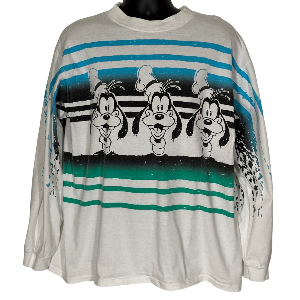 Vintage Disney Character Fashions Goofy Striped Long Sleeve T-Shirt White Large